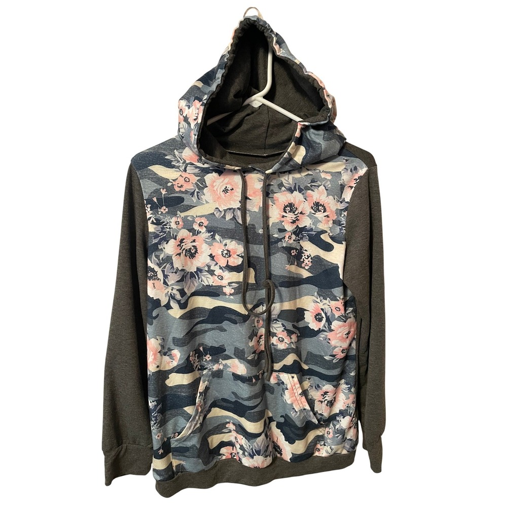 Womens Floral Camo Hoodie Pullover Grey Pink Camouflage Sweatshirt Size M Sports